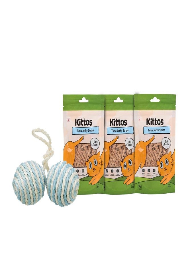 Trixie Combo of - Trixie 2 Balls on Sisal Rope Toy, 4.5 cm with 3 Pack of Kittos Tuna Jerky Strips Treats for Cats, 35 g Each - Image 1